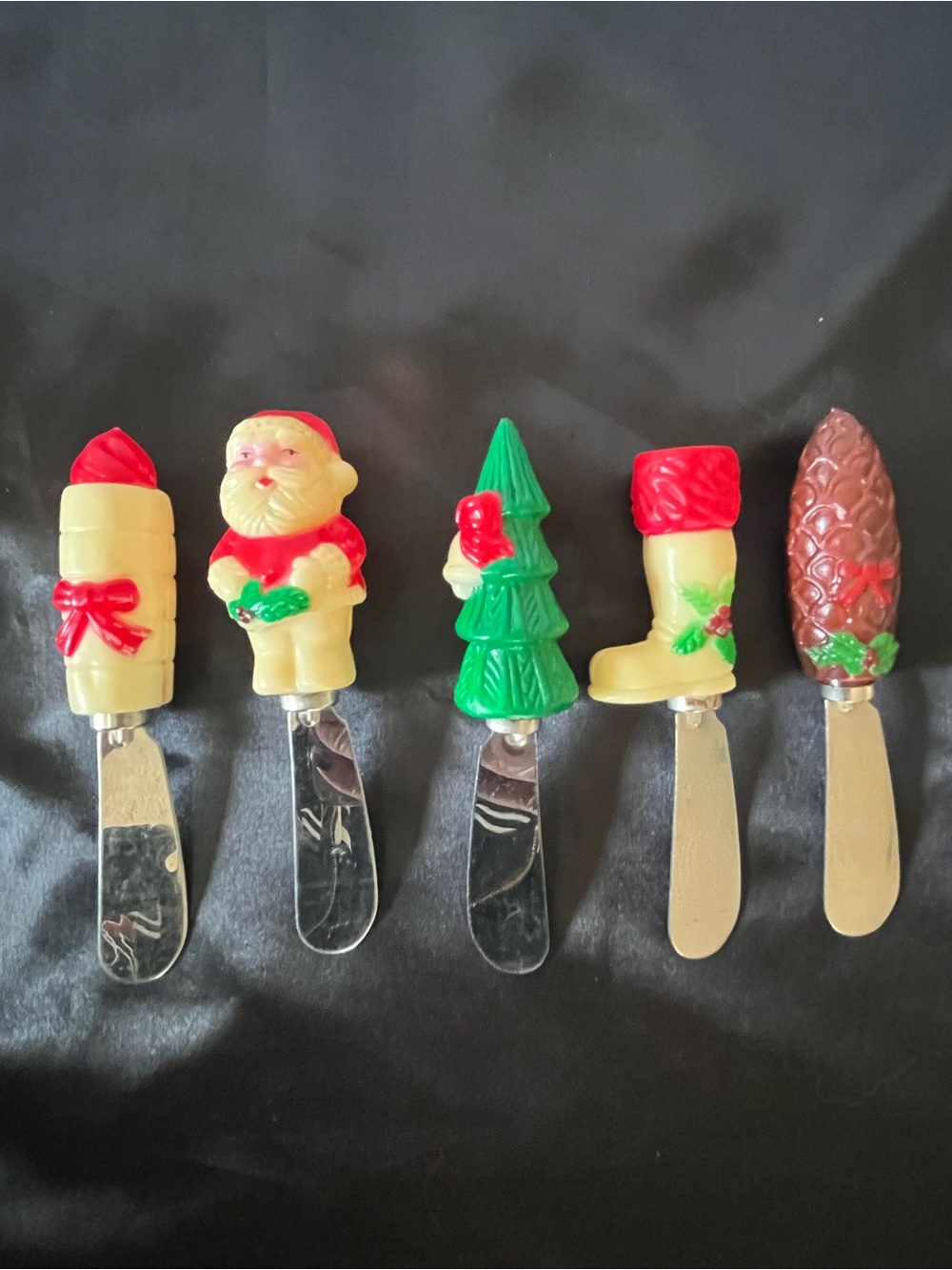 Vintage Blow Mold Cheese Spreaders - Santa, Christmas Tree, Candle, Acorn, Boot